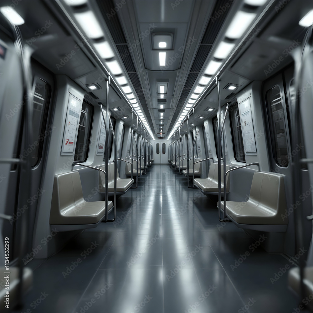 Interior of an empty subway train with seats and windows Interior of an empty subway train with seats and windows