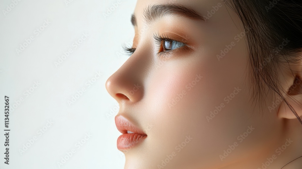 A close-up profile of a young woman with soft makeup and natural features. A close-up profile of a young woman with soft makeup and natural features.