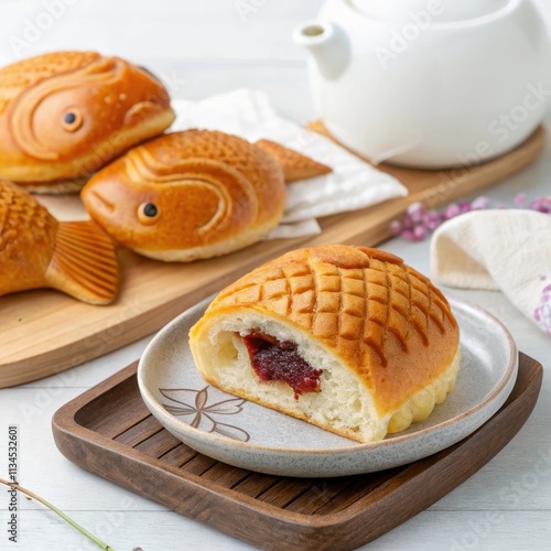 Delicious Bungeo PPang with Red Bean Filling on Wooden Tray photo