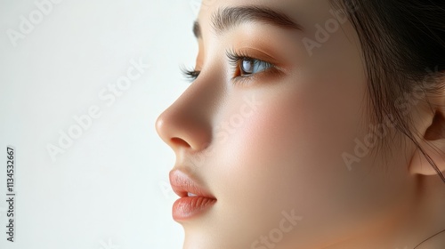 A close-up profile of a young woman with soft makeup and natural features.