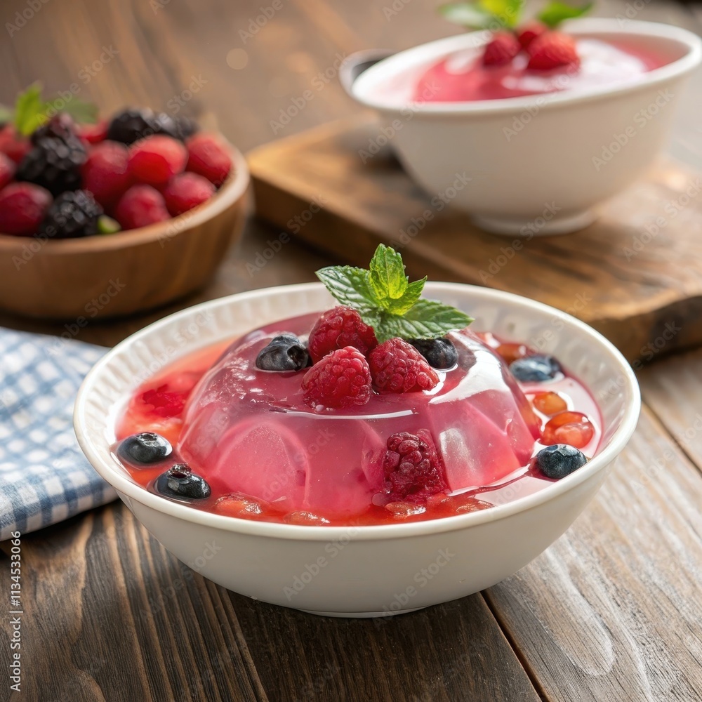 Delicious Kissel Dessert with Fresh Berries in Bowls Delicious Kissel Dessert with Fresh Berries in Bowls