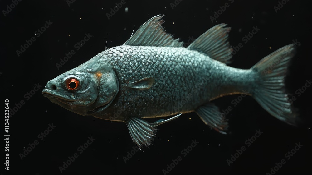 A black fish with red eyes swimming in the water A black fish with red eyes swimming in the water