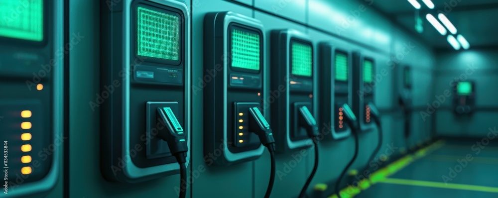Fototapeta premium Futuristic Electric Vehicle Charging Station Green Teal Technology