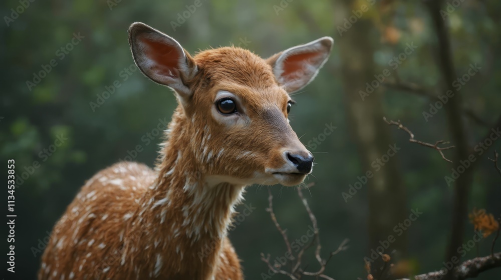 A small deer standing in the middle of a forest A small deer standing in the middle of a forest