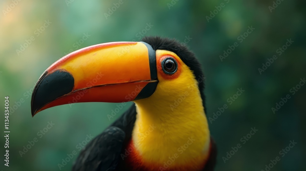 Fototapeta premium A close up of a toucan's head with a green background
