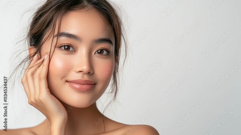 A beautiful Asian woman with neatly tied brown hair A beautiful Asian woman with neatly tied brown hair