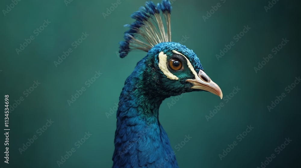 A close up of a peacock's head with a green background A close up of a peacock's head with a green background