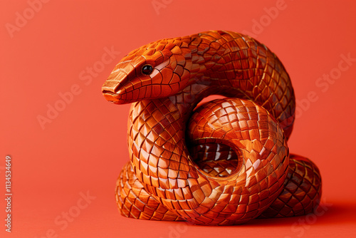 Copy Space of a Wooden Snake Handicraft Figure on Minimal Red Background for 2025 Lunar New Year Symbol of Chinese Tradition photo