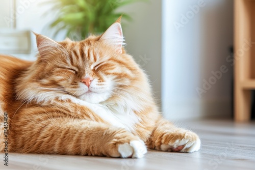 Wallpaper Mural Relaxed Ginger Cat Enjoying Sunlight in Cozy Home Environment with Lush Green Plant Background Torontodigital.ca