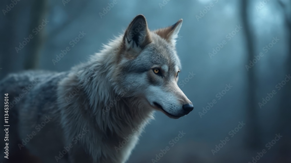 A wolf standing in the middle of a forest A wolf standing in the middle of a forest