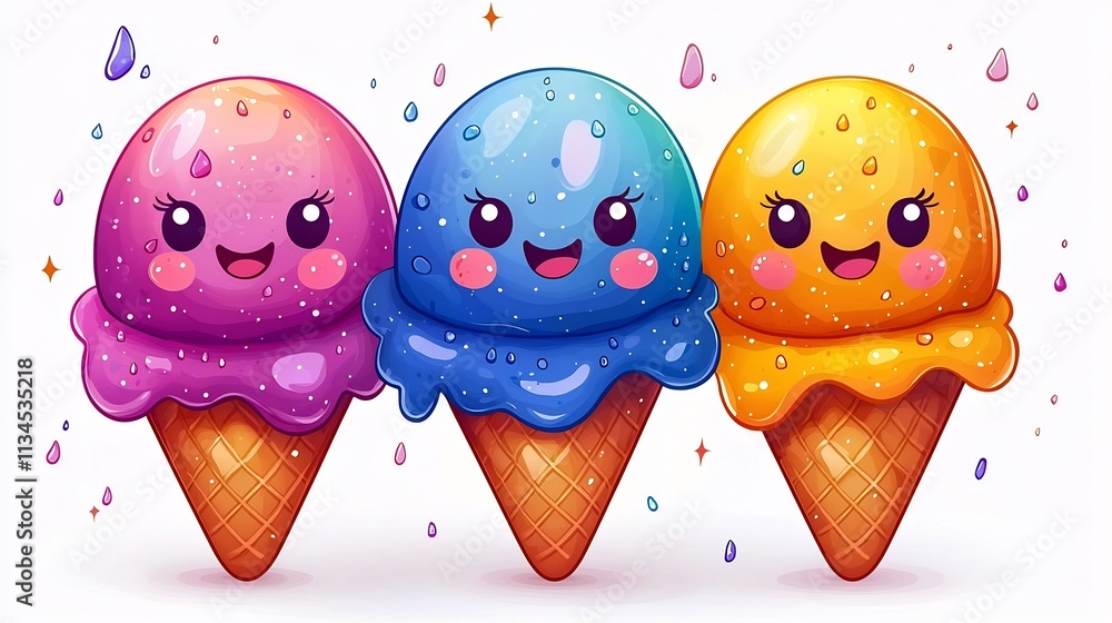 Cheerful Cartoon Ice Cream Cones with Smiling Faces Symbolizing Summer Fun on White Background Cheerful Cartoon Ice Cream Cones with Smiling Faces Symbolizing Summer Fun on White Background