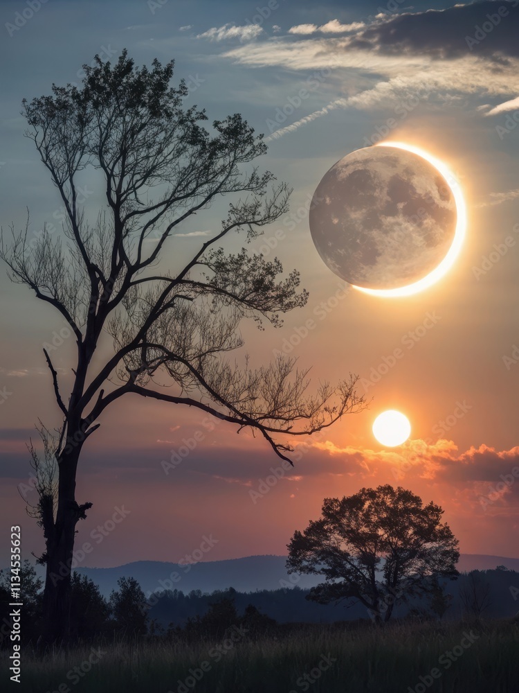 Stunning Solar Eclipse Over Landscape with Silhouetted Trees Stunning Solar Eclipse Over Landscape with Silhouetted Trees