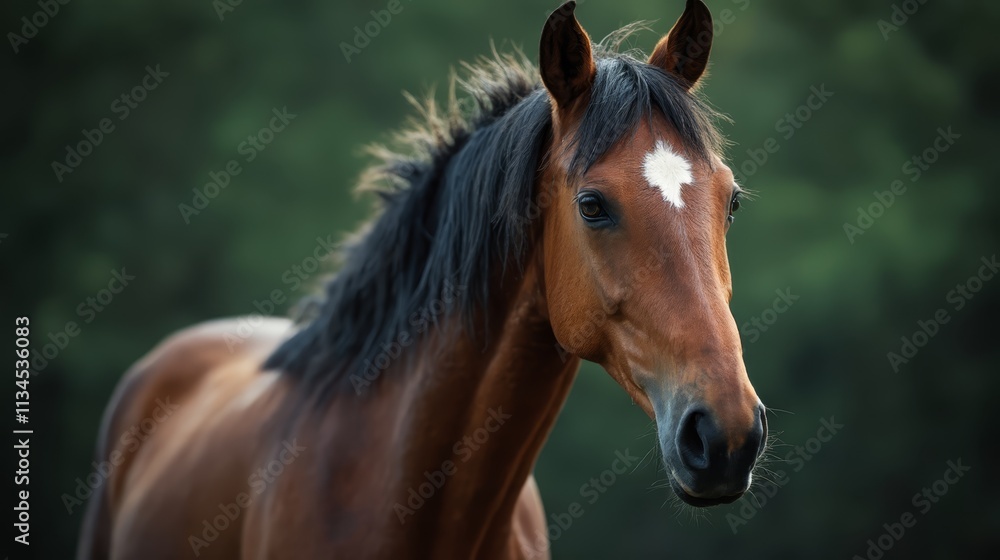 Fototapeta premium A brown horse with a white spot on its face