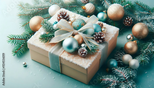 Gift box with bow and Christmas decorations including gold and blue balls on plain background in Frosted mint, blue spruce, pale gold, ivory colors