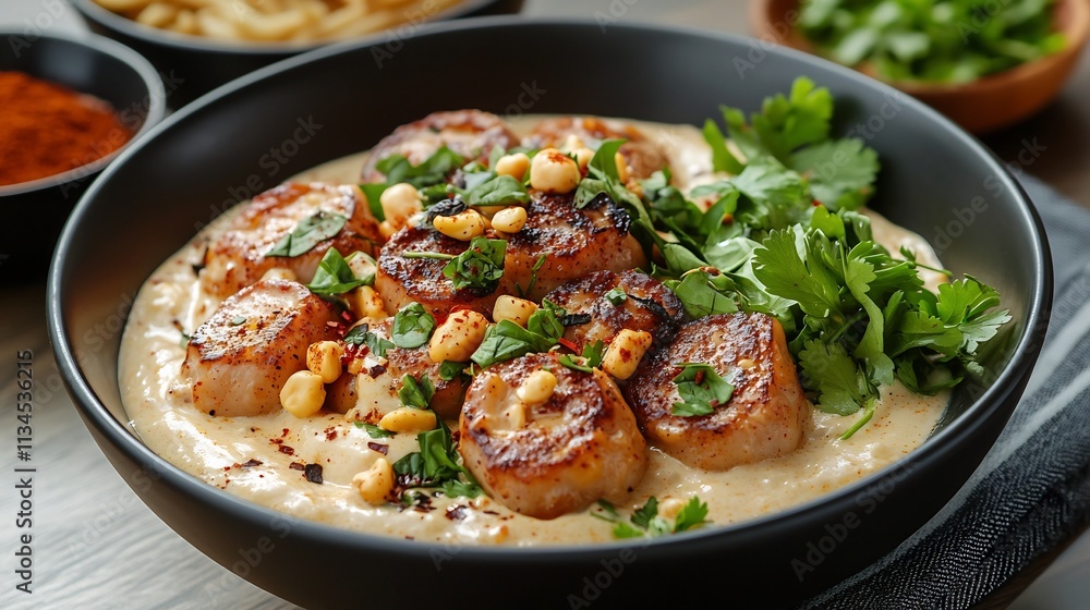 Glowing Bowl of Creamy and Aromatic Massaman Curry with Vibrant Herbs and Spices Glowing Bowl of Creamy and Aromatic Massaman Curry with Vibrant Herbs and Spices