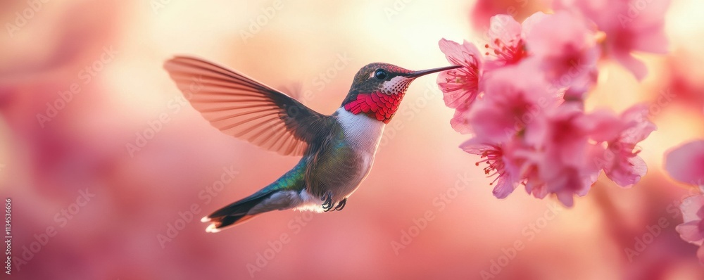 Fototapeta premium Hummingbird Flying Drinking Nectar from Pink Blossoms at Sunset