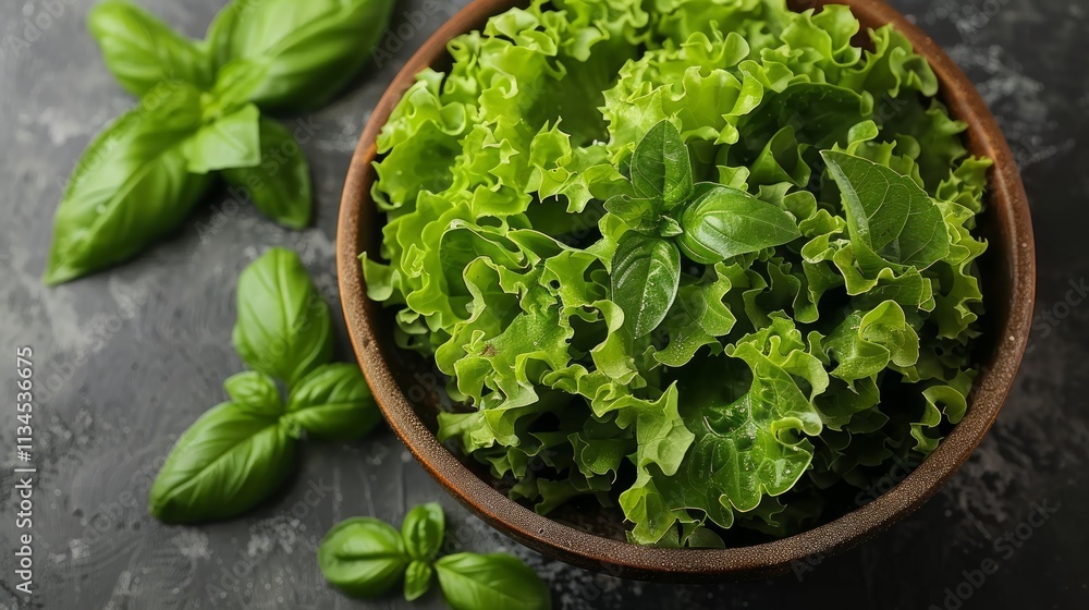Fresh green lettuce and basil leaves in a wooden bowl on a dark background. Fresh green lettuce and basil leaves in a wooden bowl on a dark background.