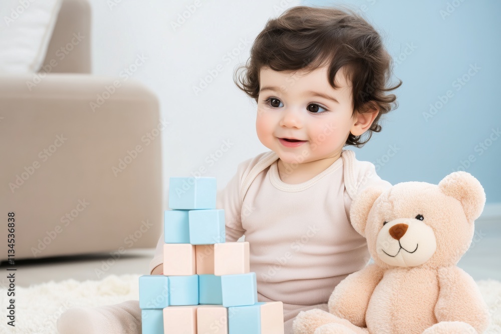 Delighted toddler engages in creative play with building blocks and a teddy bear in a brightly lit room Delighted toddler engages in creative play with building blocks and a teddy bear in a brightly lit room