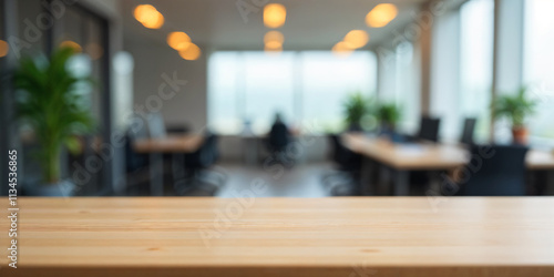 Wallpaper Mural Wood table top and blurred bokeh office interior space background - can used for display or montage your products. Torontodigital.ca