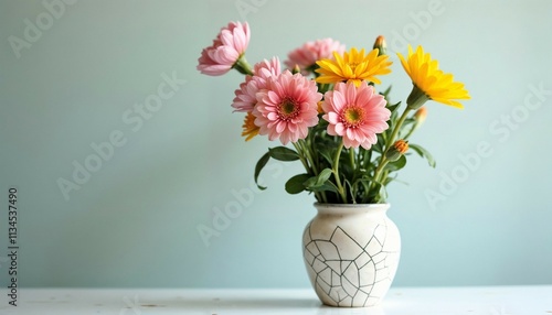 Wallpaper Mural Cheerful Gerbera Daisies in Geometric Patterned Vase Torontodigital.ca
