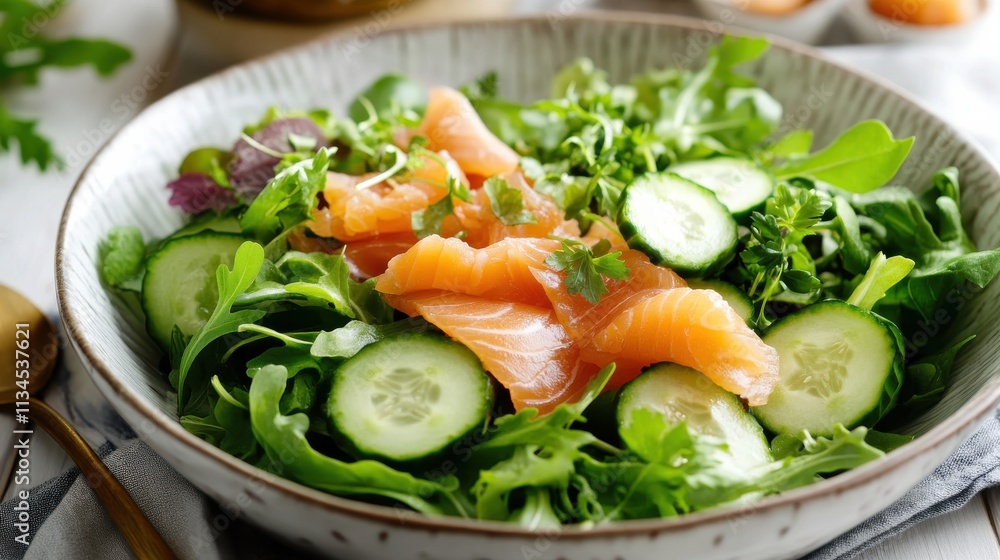 Fresh Nordic salad with pickled cucumbers, smoked fish, and crisp greens Fresh Nordic salad with pickled cucumbers, smoked fish, and crisp greens