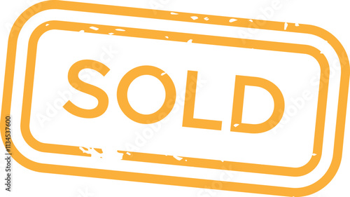 Large, bold, orange sold rubber stamp indicating a successful sale or transaction, providing clear and impactful visual communication on a clean white background
