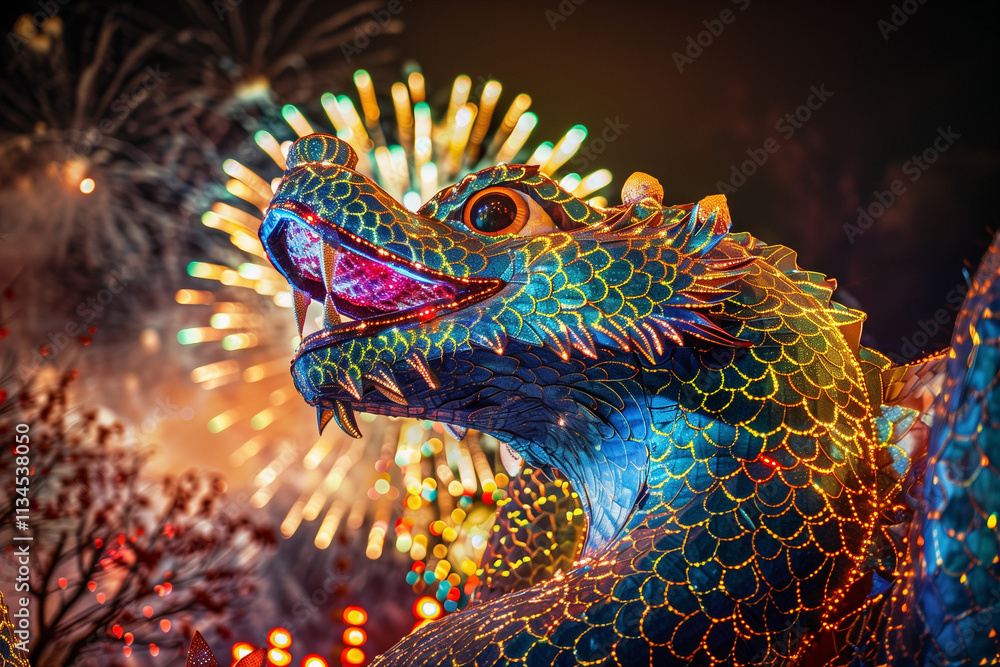 Obraz premium Snake Statue with Fireworks on Lunar New Year Night Celebrated with Lanterns, People, and Colorful Dragon-Inspired Snake Figure