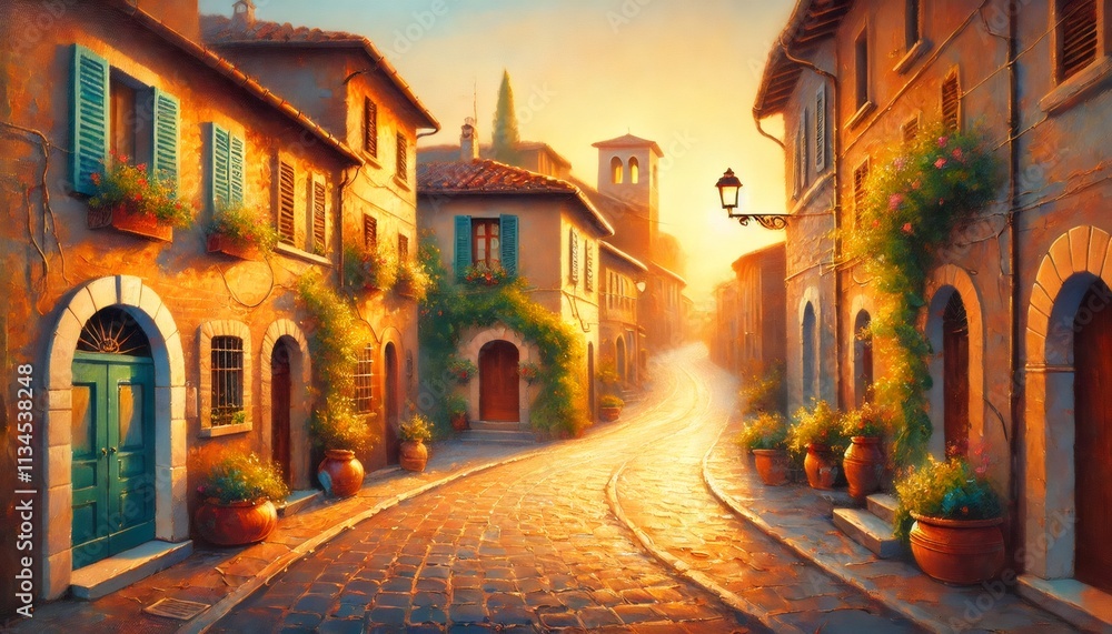 Fototapeta premium Golden sunrise illuminating charming italian village street