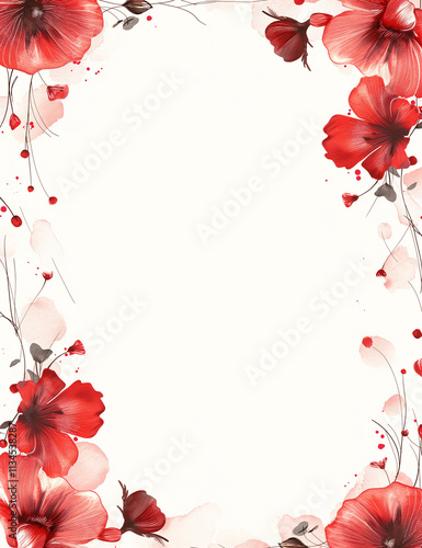 Fototapeta Naklejka Na Ścianę i Meble -  Elegant red flowers frame background in watercolor with floral border and beautiful decoration