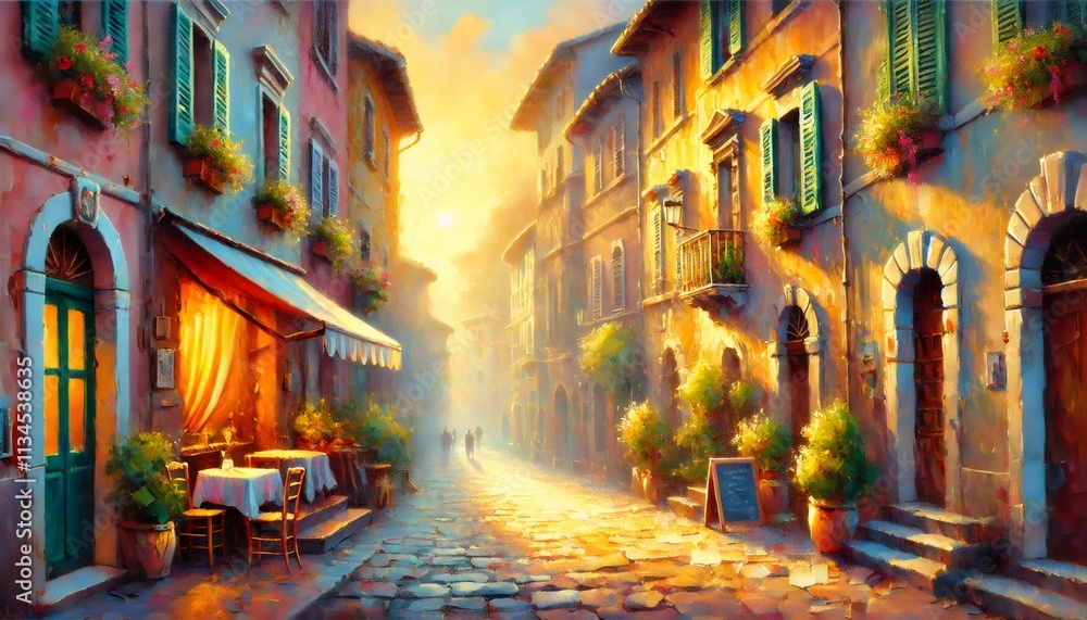 Fototapeta premium Golden sunrise illuminating picturesque italian street with cozy restaurant