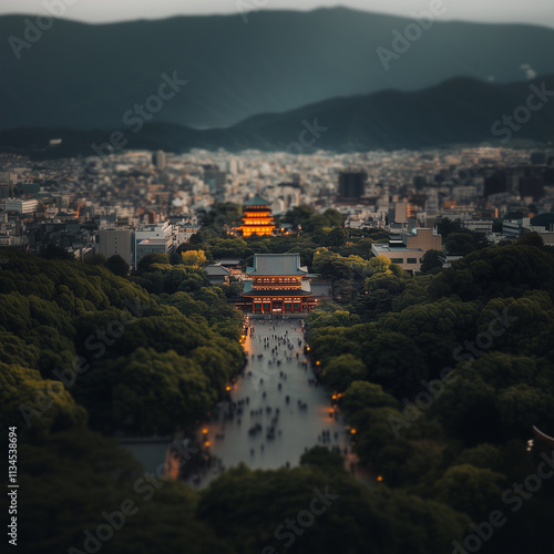 Aerial View of Kyoto City Temple with Traditional Architecture and Surrounding Landscape photo