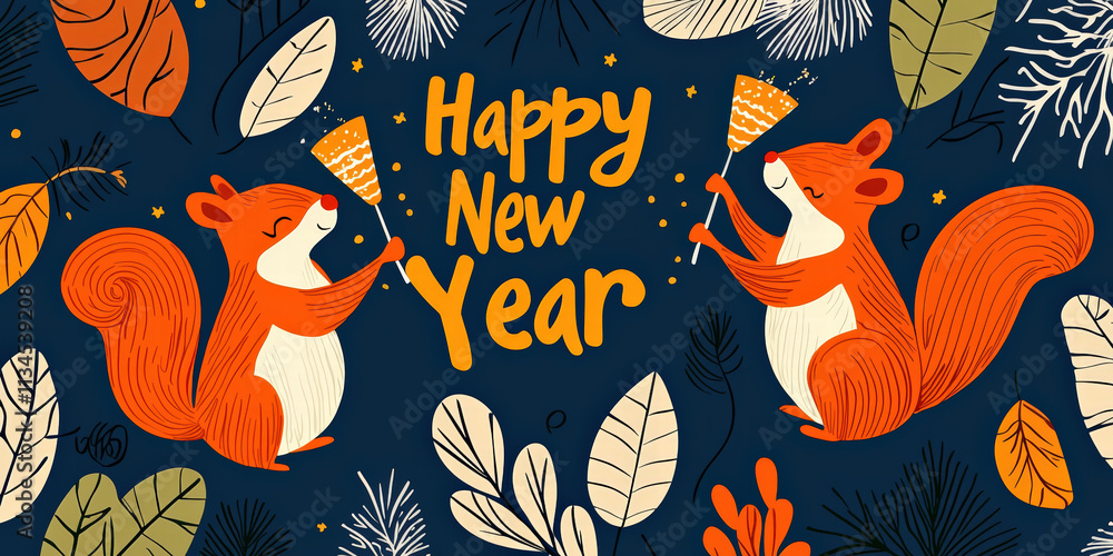 Two cheerful squirrels celebrate New Year with festive decorations among colorful leaves on a dark background. Two cheerful squirrels celebrate New Year with festive decorations among colorful leaves on a dark background.