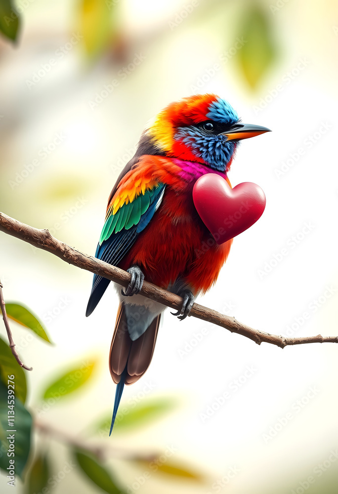 Fototapeta premium A colorful bird on a branch with a heart, showing the beauty of nature and bird love, hyperrealism, with white tones