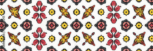 A colorful pattern of flowers and leaves is displayed on a white background. The design is intricate and detailed, with a mix of red, yellow, and black colors. Scene is cheerful and lively