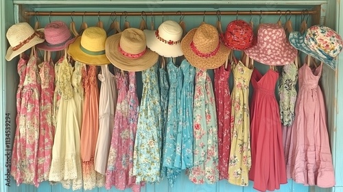 Colorful summer dresses and hats hang on display at a charming boutique in a coastal town