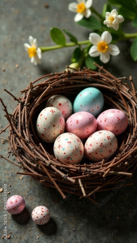 A nest of twigs with Easter eggs in pastel colors, spring flowers on a background of light stone, space for advertising, text, words A nest of twigs with Easter eggs in pastel colors, spring flowers on a background of light stone, space for advertising, text, words