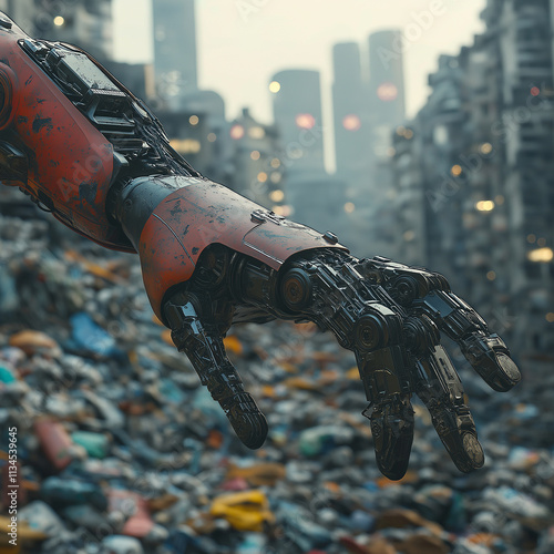 Close-up of the arm and hand from an advanced robot reaching out in front, on top of a huge pile of garbage, in a futuristic city background, realistic photography, cinematic style photo