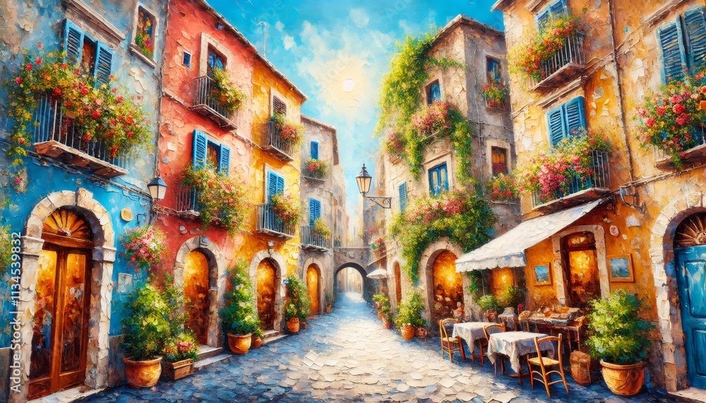 Fototapeta premium Charming italian street with colorful buildings and blooming flowers painting