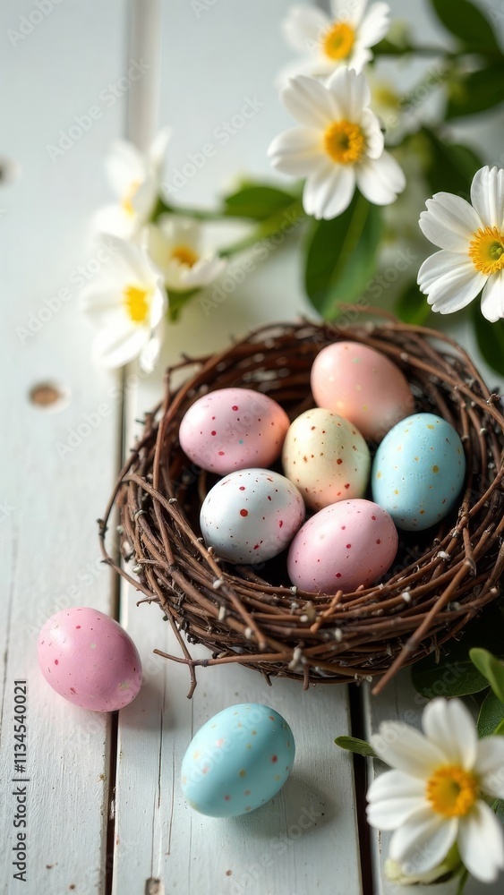 Nest of twigs with Easter eggs in pastel colors, spring flowers on a wooden background, space for advertising, text, words Nest of twigs with Easter eggs in pastel colors, spring flowers on a wooden background, space for advertising, text, words