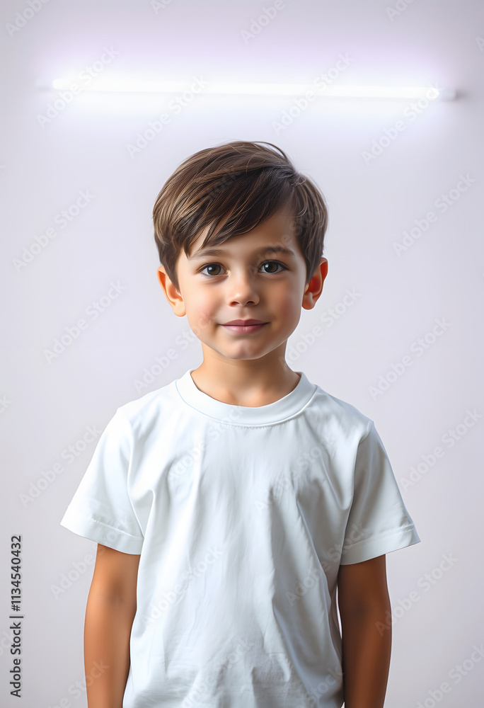 Portrait of a fictional young little boy wearing a plain white t-shirt. Isolated on a plain neutral background., glowing neon Portrait of a fictional young little boy wearing a plain white t-shirt. Isolated on a plain neutral background., glowing neon