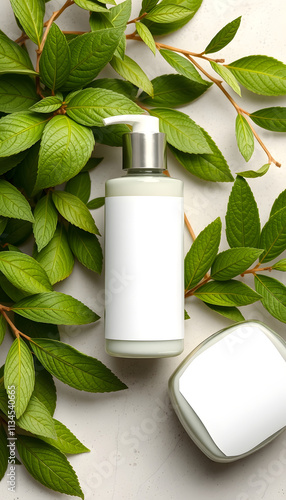Cosmetic bottle containers with green herbal leaves, Blank label package for branding mock-up, Natural organic beauty product concept, comic art, with white tones