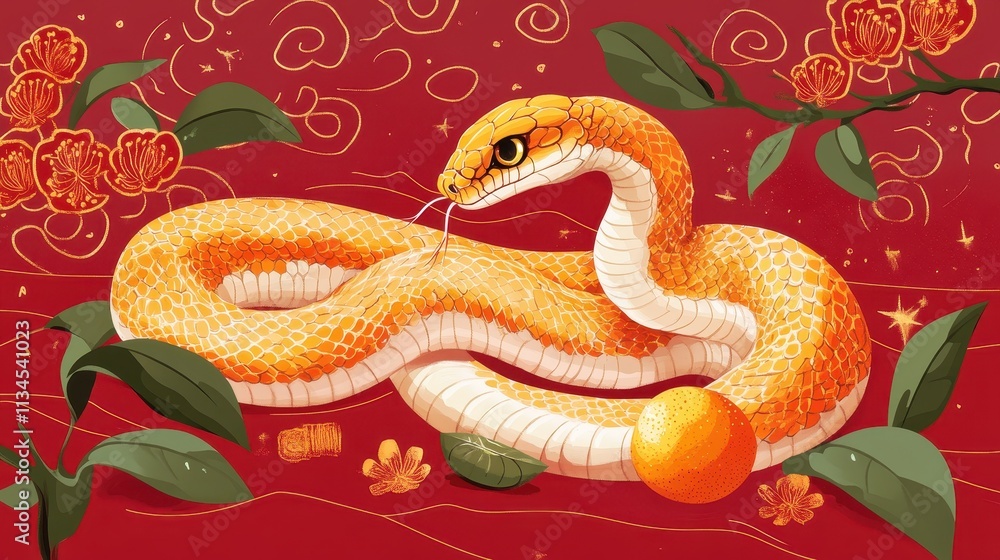 Obraz premium Happy Chinese New Year 2025,Year of the snake zodiac sign,Snake illustration and design,Asian elements gold paper cut style,Lunar new year concept,New Year card 2025.