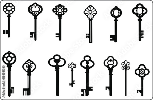 Vintage antique key silhouette black color, Medieval and modern keys, black vintage shapes set. Open door symbols, privacy and escape. Abstract tidy vector elements