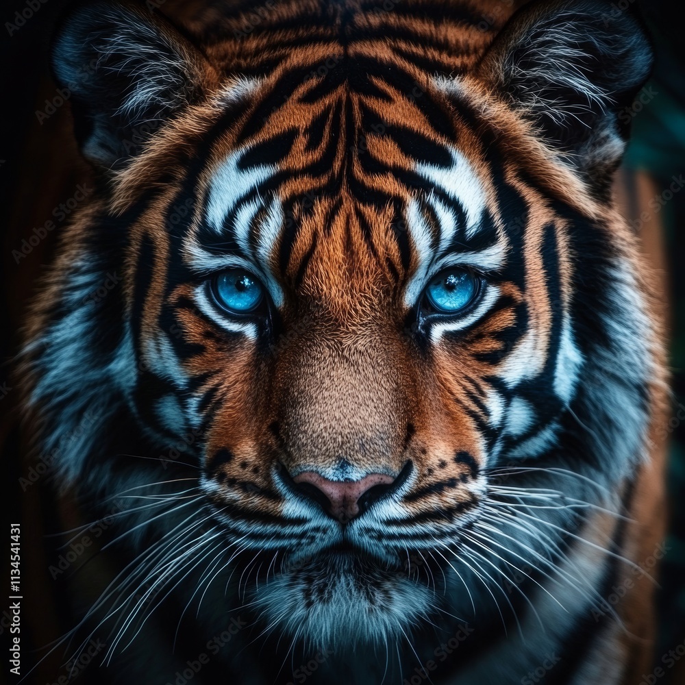 Fototapeta premium Striking Tiger Portrait with Blue Eyes in Nature