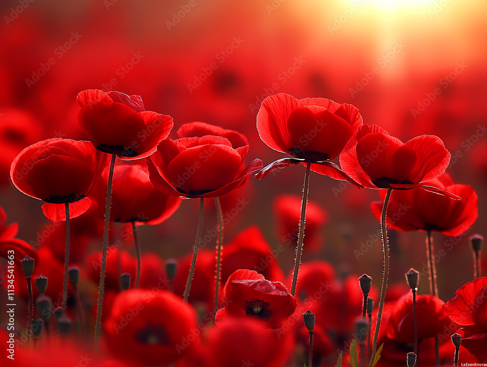 Obraz premium Beautiful red poppies blooming in a sunlit field during sunset with vibrant nature and landscape