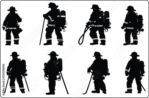 Vector Fire Fighters Silhouette Set , Fire Fighters Silhouettes in Black and White, Heroic Fire Fighters Vector Silhouettes