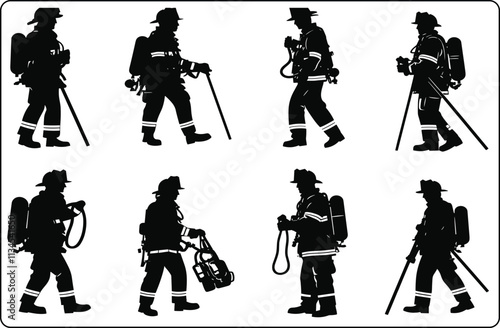 Vector Fire Fighters Silhouette Set , Fire Fighters Silhouettes in Black and White, Heroic Fire Fighters Vector Silhouettes
