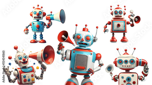 colorful robot holding a megaphone, portraying communication and creativity.