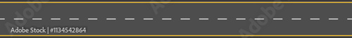 Horizontal vector illustration of a straight gray road with white dashed lines and glowing yellow edges, creating a sense of perspective and journey