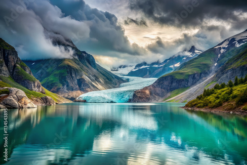 Breathtaking glacier above majestic fjord with turquoise water and soft topaz reflections. serene landscape showcases towering mountains and dramatic clouds photo